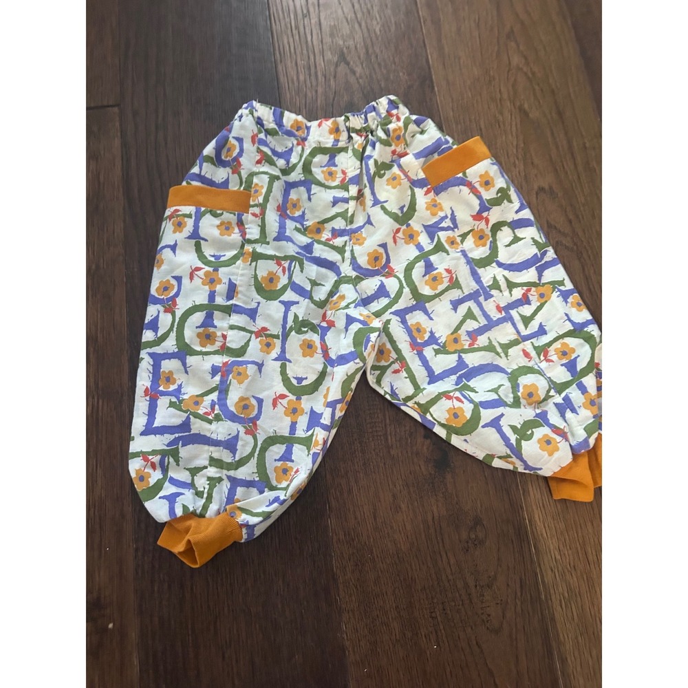 Kids Alphabet Floral Print Elastic Waist parachute Pants w/Mustard Ribbed Cuffs